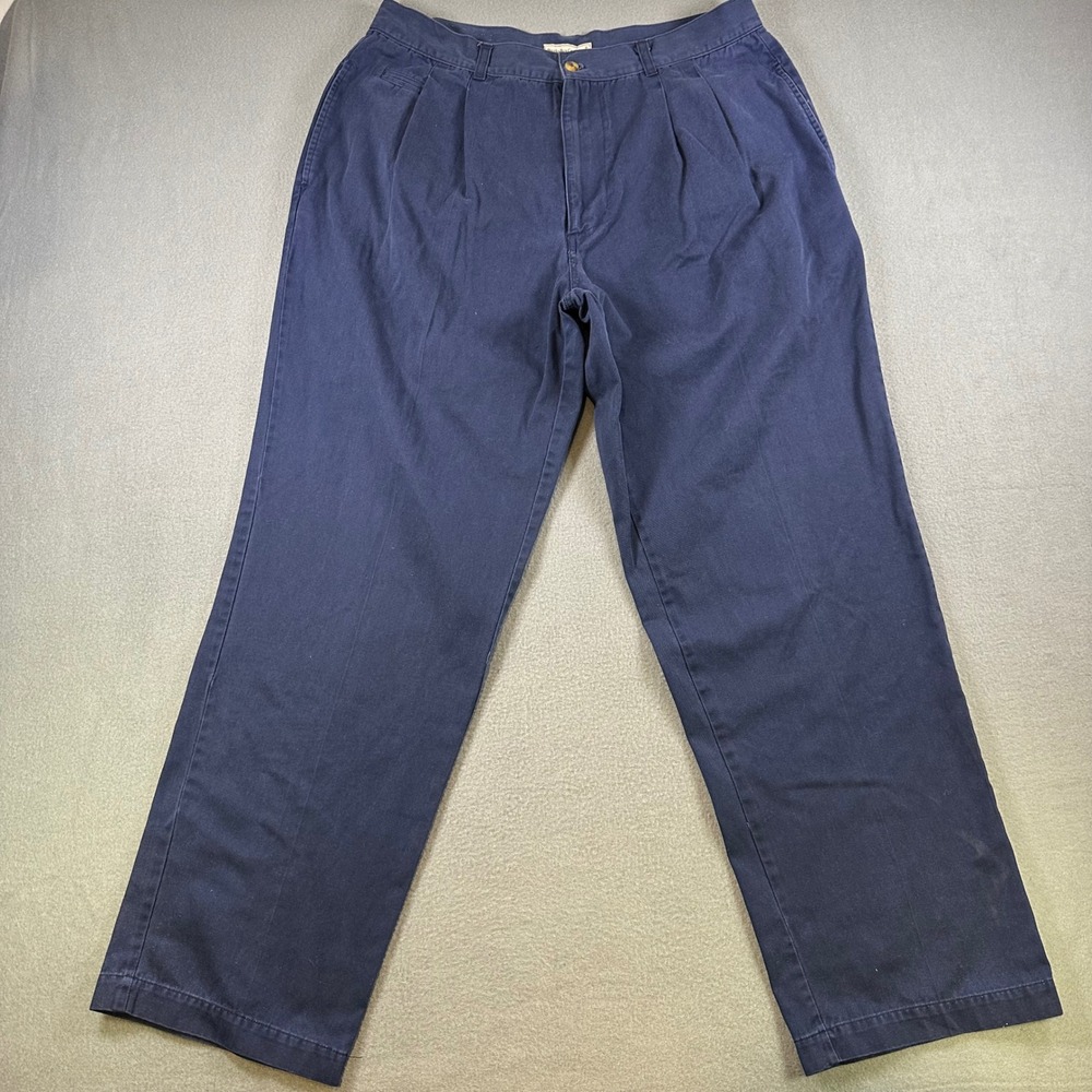 Bugle Boy Company Men Pleated Chino Pants Navy Blue Cotton Twill 36W 31L Vintage